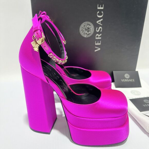 Versace Aevitas Platform Pumps 39.5 US 9.5 Pink Fuchsia Satin Crystal NIB $1575 - Picture 6 of 14